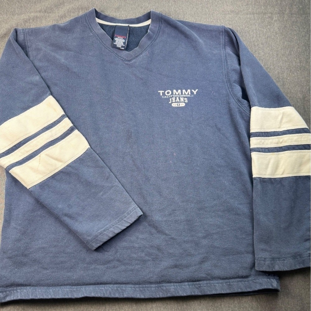 Tommy Jeans Mens Vintage Style Striped Sleeve Blue Sweatshirt Large L
